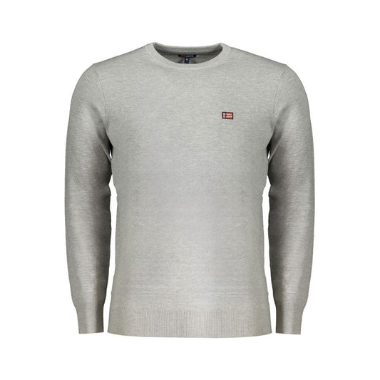 Gray polyester men's sweater Norway 1963, long-sleeved crew neck, with iconic embroidery and logo for modern style.