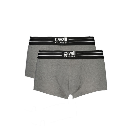Cavalli Class gray cotton men's boxer pair with elastic waistband and logo, offering luxury and comfort.