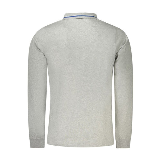 Back view of Norway 1963 gray long sleeve cotton polo shirt for men, featuring contrasting elements and embroidery detail.