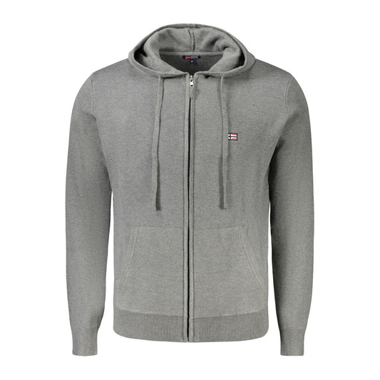 Gray polyester cardigan for men by Norway 1963 with hood, logo detail, and pockets. Ideal for layering and modern style.