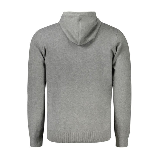 Back view of Norway 1963 gray polyester men's cardigan with hood and long sleeves.