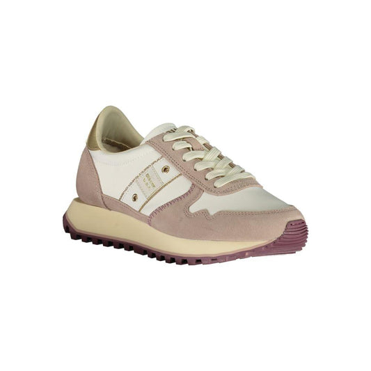 Blauer white polyester women's sneaker with purple and gold details, sporty design, and customizable laces for urban chic look.