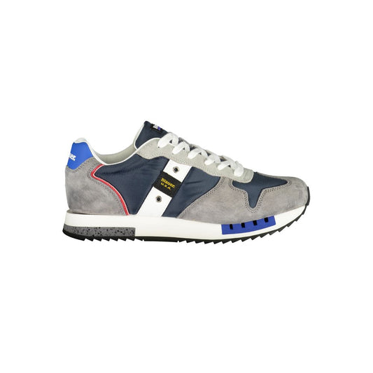 Blauer gray leather men's sneaker with contrasting details and bold print, featuring a second lace option and iconic Blauer logo.