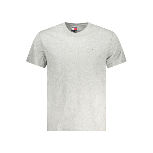 Alt Tag: Tommy Hilfiger gray cotton men's t-shirt with logo, short sleeves, classic crew neck, eco-friendly 95% regenerative cotton.