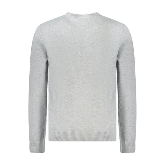 Back view of Tommy Hilfiger gray wool men's sweater featuring crew neck design and intricate embroidery, made of wool and recycled polyester.