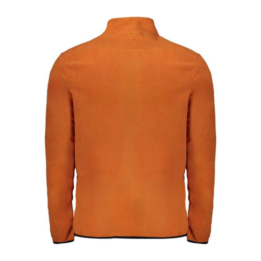 Back view of Norway 1963 brown polyester men's sweater with sleek embroidery and dual zip pockets for modern style.