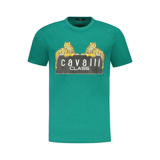 Cavalli Class green cotton men's T-shirt with bold print and iconic logo, short sleeve, crew neck, casual luxury fashion statement.