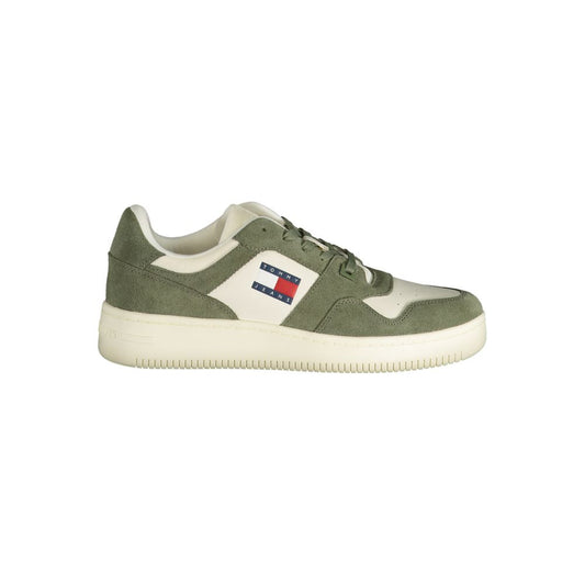 Tommy Hilfiger green polyester sneaker with logo, laces, and contrast details, ideal sports footwear for style and comfort.