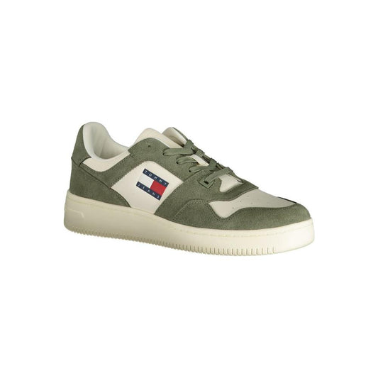 Tommy Hilfiger green polyester sneaker with contrast details, laces, and logo, perfect sports footwear for active lifestyles.