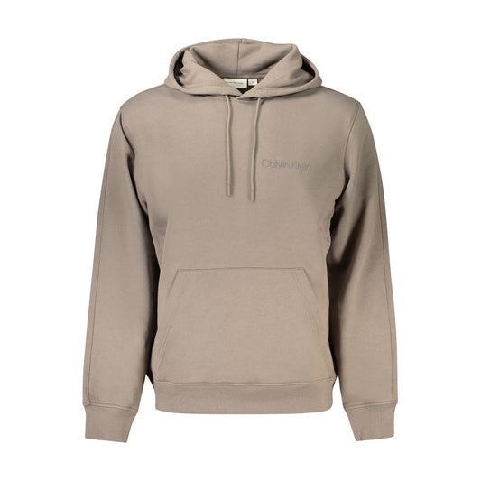 Calvin Klein brown cotton men's sweater with hood and central pocket, featuring CK logo; long sleeves for warmth and style.