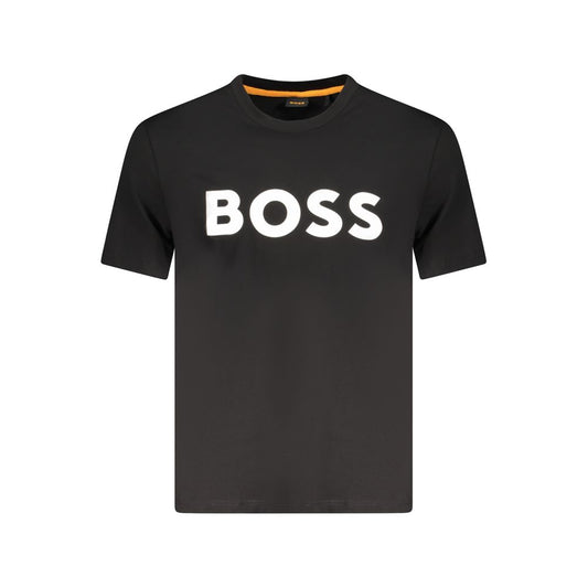 Hugo Boss black cotton men's T-shirt with bold logo, short sleeve, crew neck. Versatile and stylish in pure organic cotton.