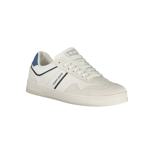 Tommy Hilfiger white polyethylene men's sneaker with blue accents and logo, featuring a removable footbed for comfort and style.