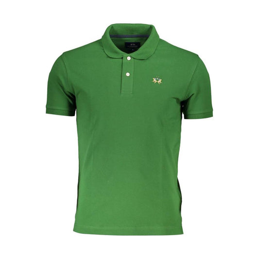 La Martina green cotton men's polo shirt with logo embroidery, slim-fit, short-sleeve, premium blend for durable comfort.