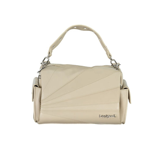 Desigual beige polyethylene handbag with removable shoulder strap, external side pockets, and zip closure featuring contrast details.