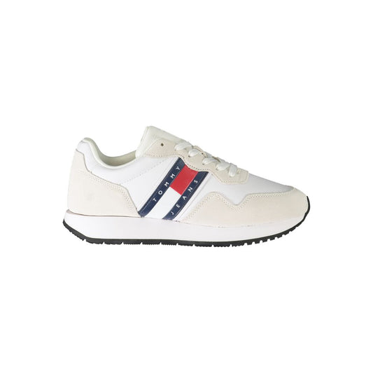 Tommy Hilfiger white polyester sneaker with laces, contrast details, and logo print. Ideal sports footwear.