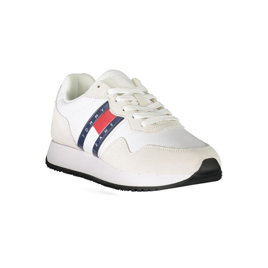 Tommy Hilfiger white polyester sneaker with laces and contrast details, featuring brand logo and sporty design.