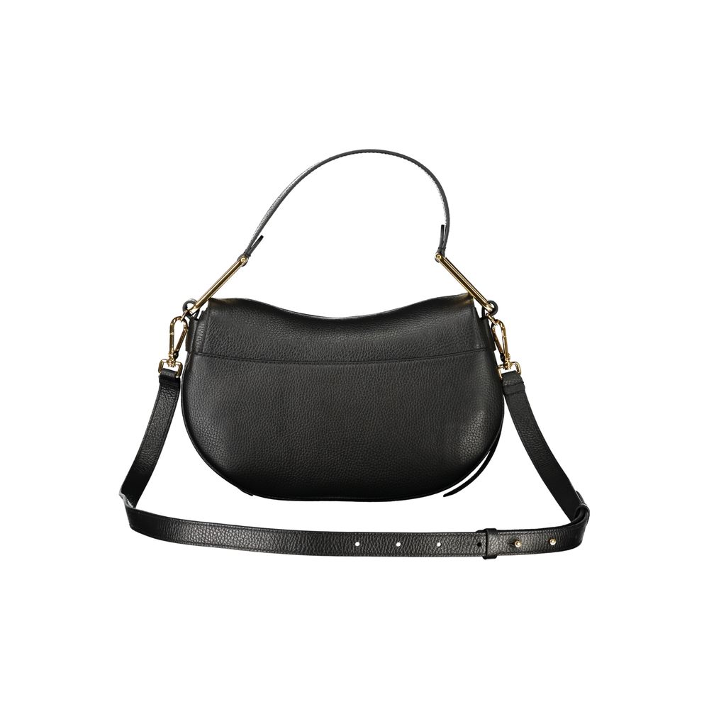 Coccinelle Black Leather Women Handbag with shoulder strap and distinctive logo on a white background