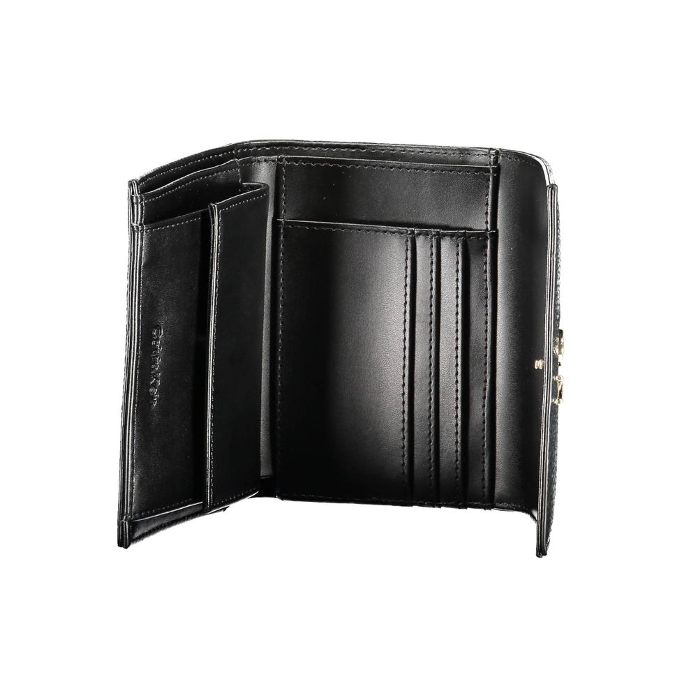 Calvin Klein Black Polyethylene Women Wallet interior, open with multiple card slots, RFID blocking, and zip closure.