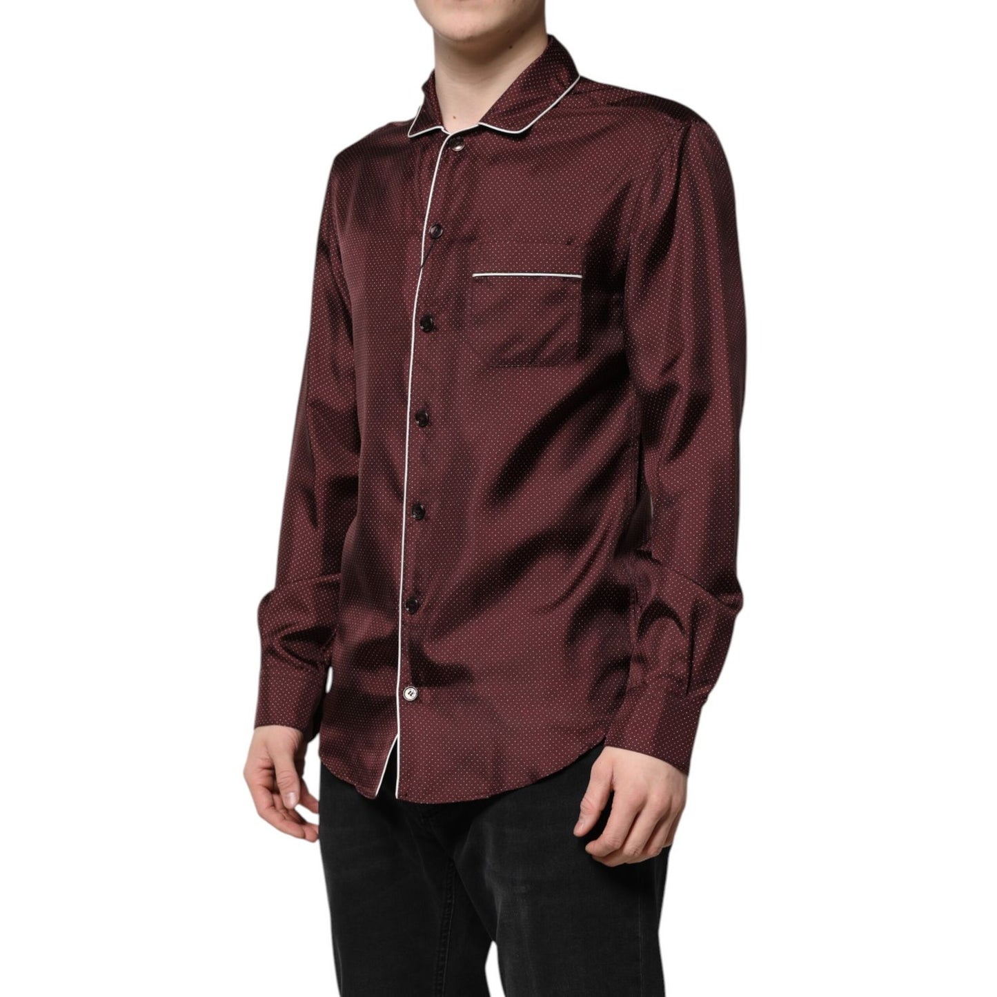 Dolce & Gabbana Burgundy Silk Dotted Long Sleeves Shirt