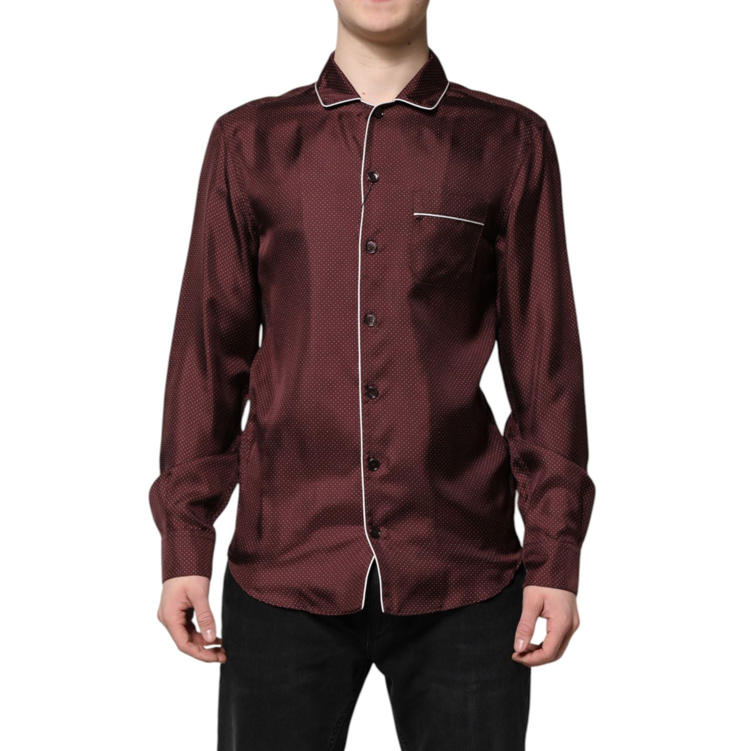 Dolce & Gabbana Burgundy Silk Dotted Long Sleeves Shirt