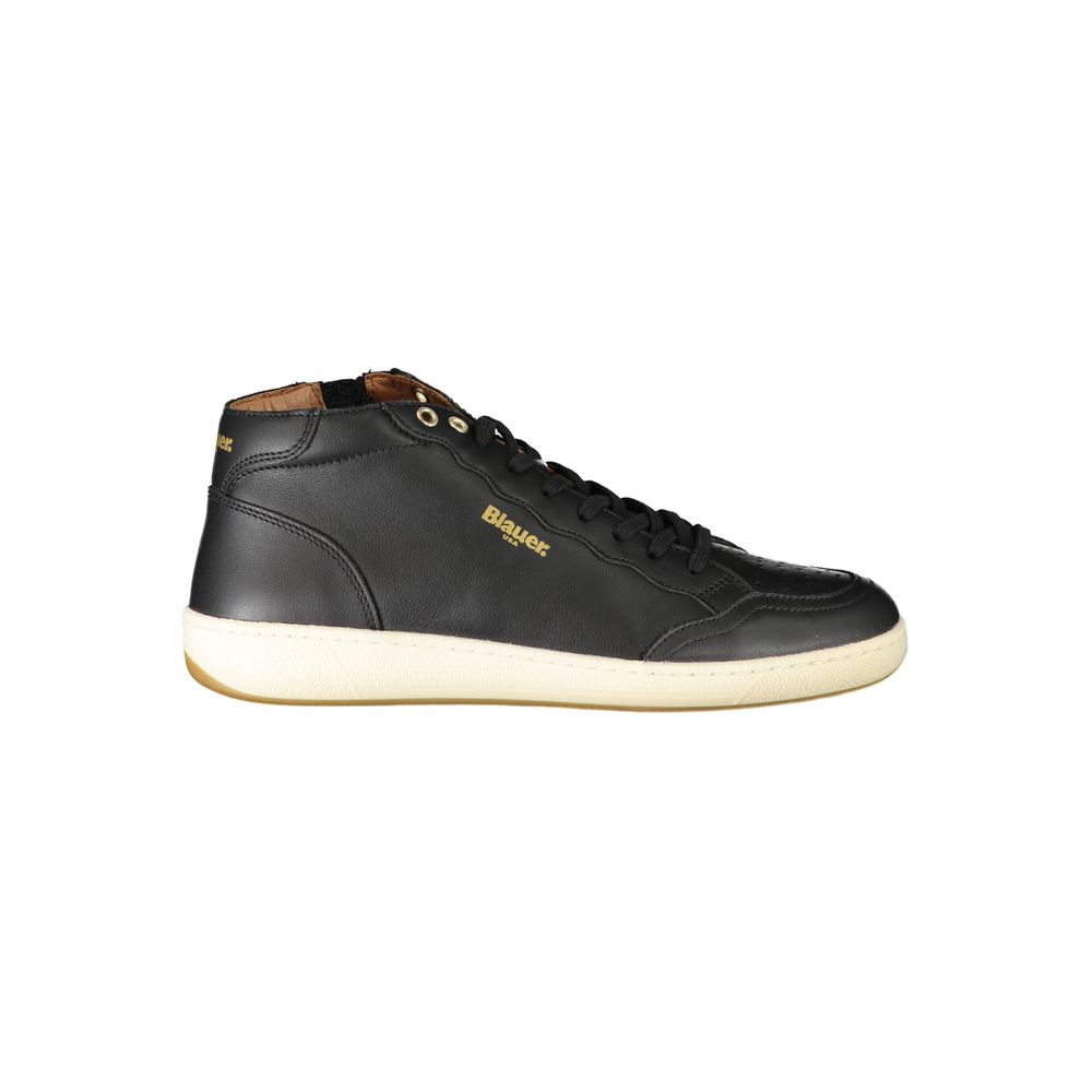 Alt Tag: Blauer Black Polyester Sneaker with laces and side zip, featuring logo print, high sports design.