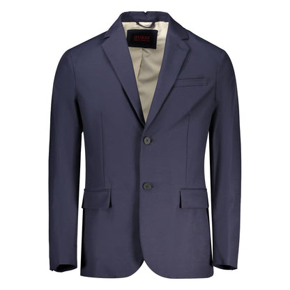 Guess Jeans Blue Cotton Men Jacket with classic long sleeves and iconic logo for a chic style statement.