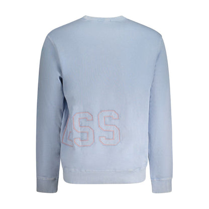 Guess Jeans Blue Cotton Men Sweater with embroidery, crew neck, long sleeve, and unique washed effect, showcasing contemporary style.