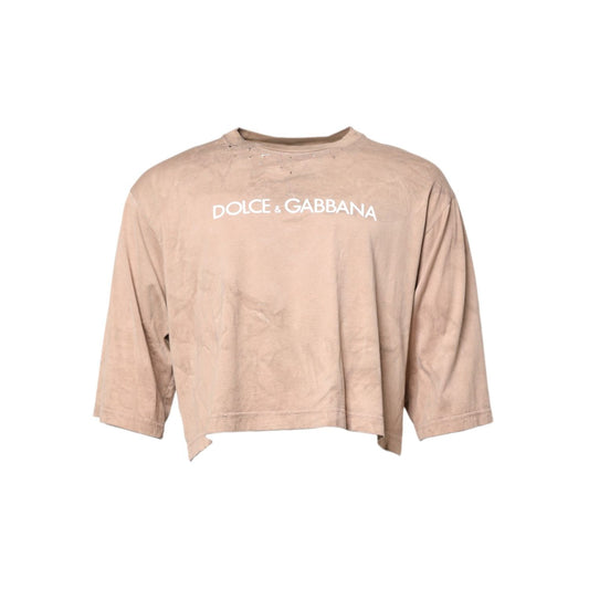 Dolce & Gabbana Beige Tie Dye Logo Print Cropped T-shirt THS90365-50