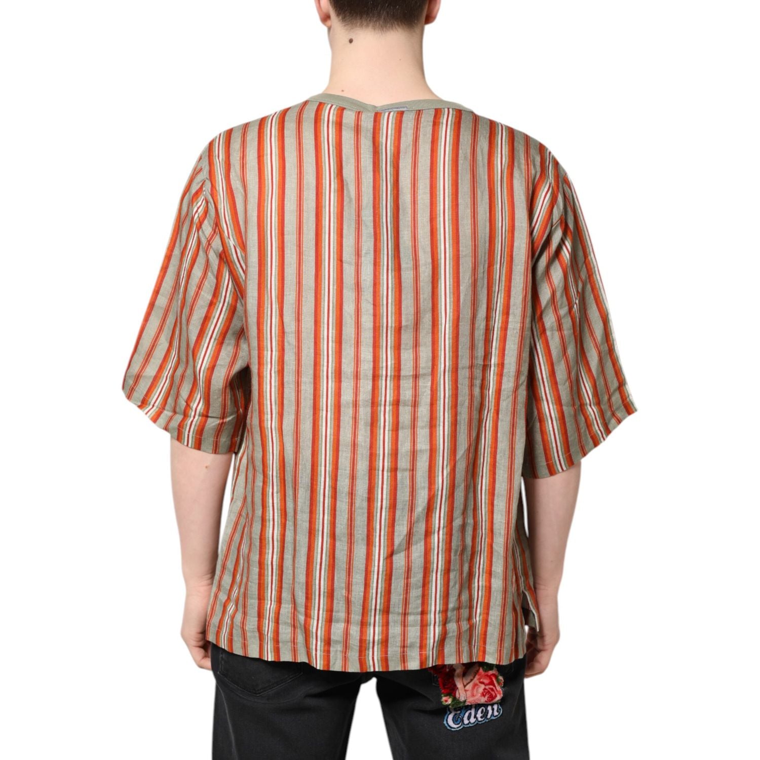 Dolce & Gabbana Multicolor Striped Graphic Linen Round Neck T-shirt