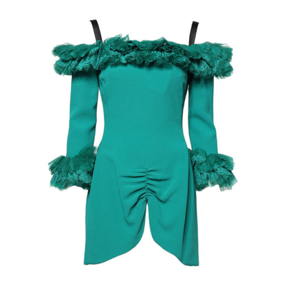 Dolce & Gabbana Green Lace Off Shoulder Sheath Mini Dress