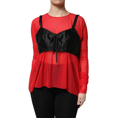 Dolce & Gabbana Red Black Bustier Detailing Long Sleeves Top