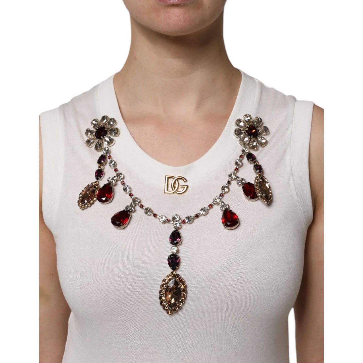 Dolce & Gabbana White Cotton Logo Crystal Detailing Tank Top