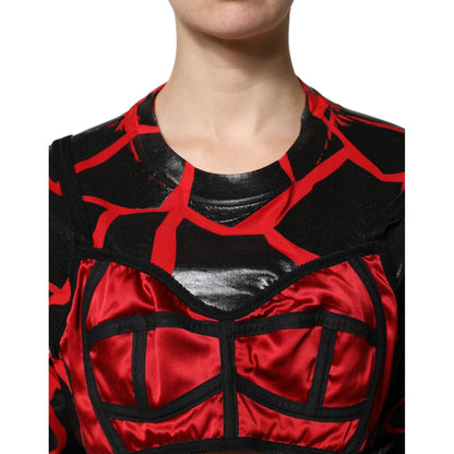 Dolce & Gabbana Red Black Cotton Bustier Detailing Cropped Top