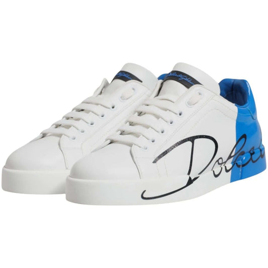 Dolce & Gabbana White Blue Leather Logo Low Top Sneakers Shoes MV7454#3-40.5
