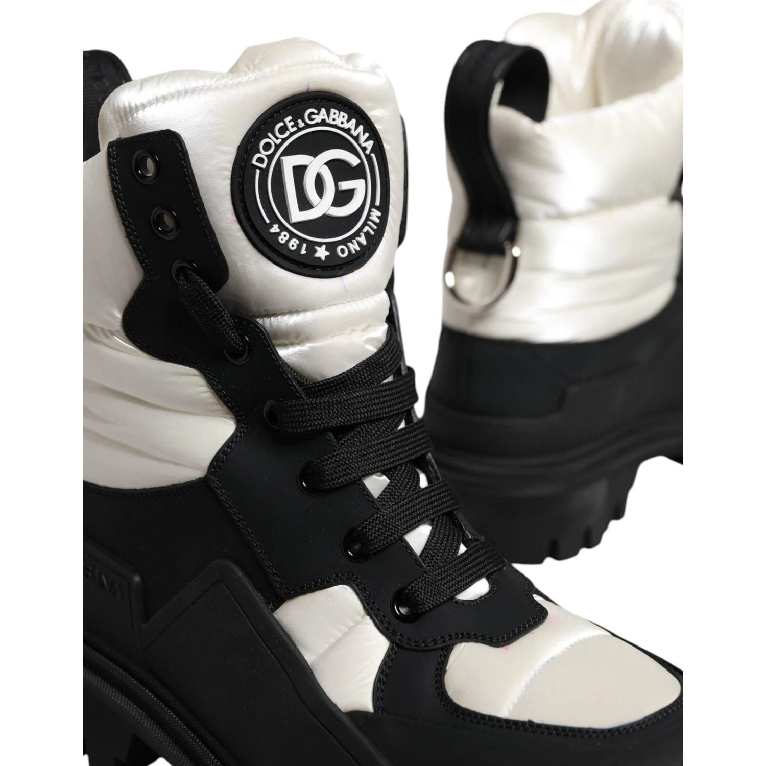 Dolce & Gabbana Black White Padded Mid Calf Lace Up Boots Shoes