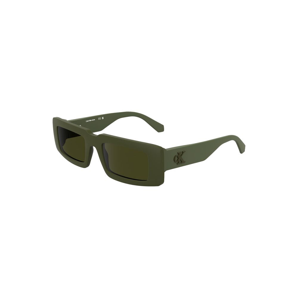Calvin Klein Green Bio-Based Fabric Women Sunglasses with rectangular lenses, eco-friendly frame, and modern design.