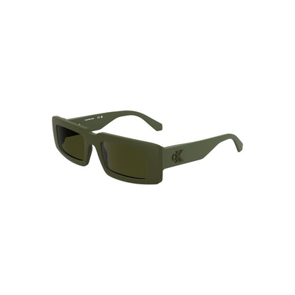 Calvin Klein Green Bio-Based Fabric Women Sunglasses with rectangular lenses, eco-friendly frame, and modern design.