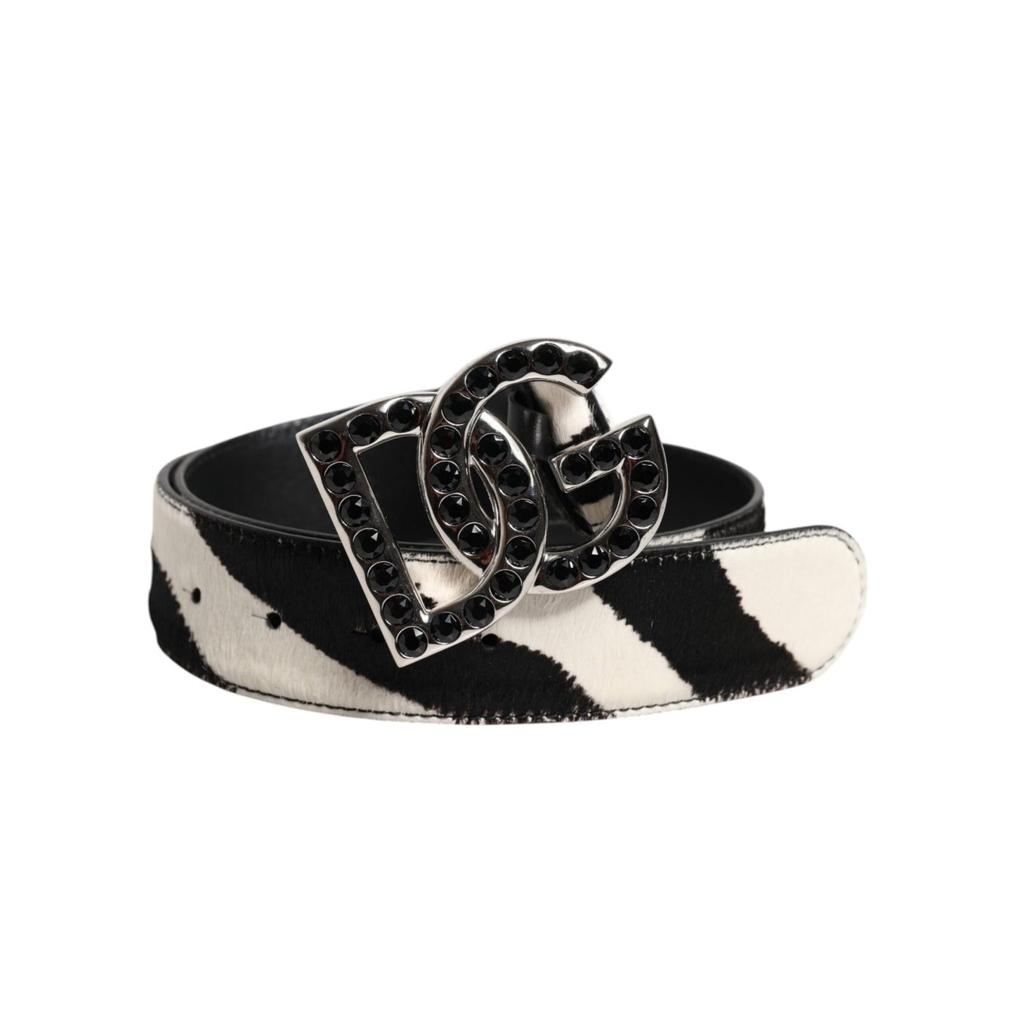 Dolce & Gabbana White Black Leather Zebra DG Crystal Buckle Belt