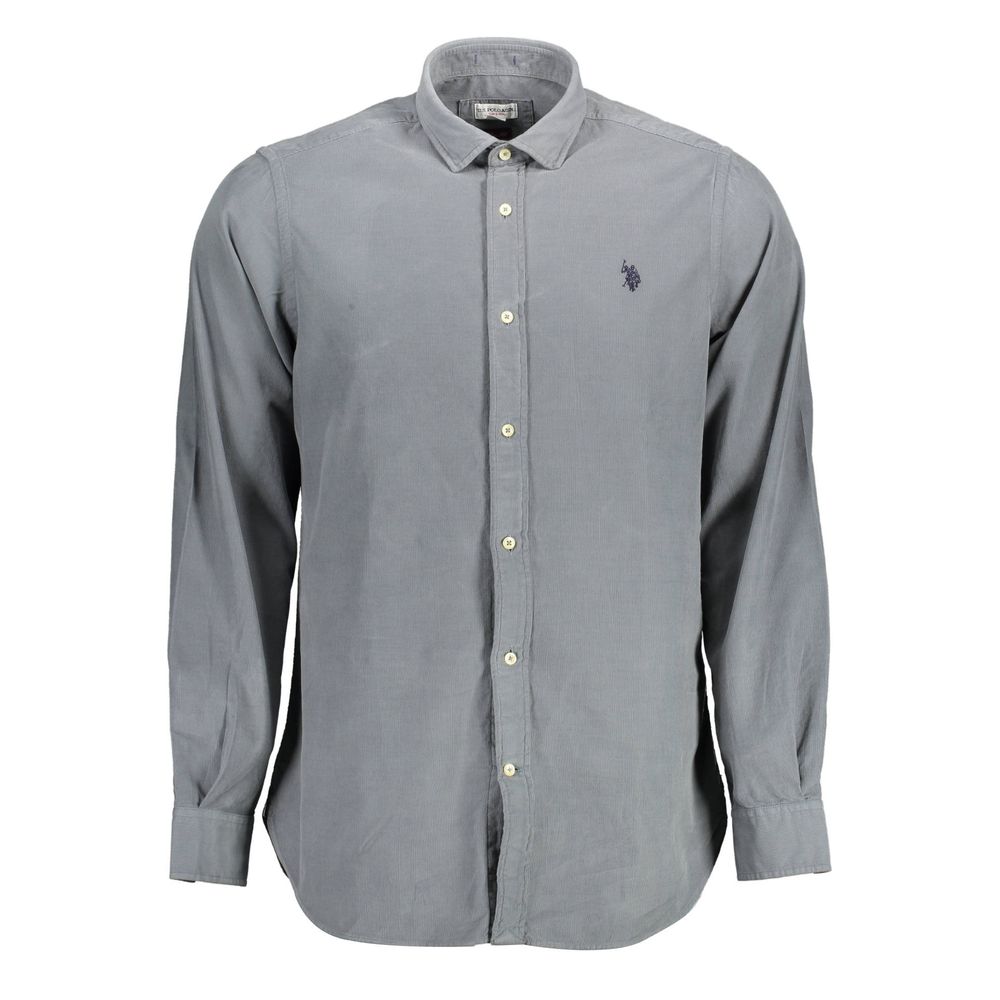 U.S. POLO ASSN. Blue Cotton Men Shirt with French collar and single-button cuffs, featuring iconic embroidery, perfect for sleek style.