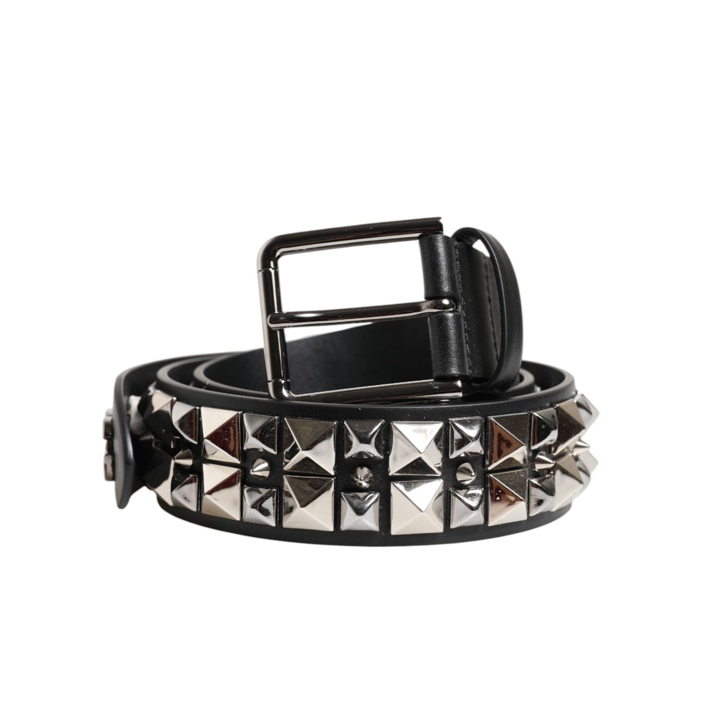 Dolce & Gabbana Black Calf Leather Studded Silver Buckle Belt