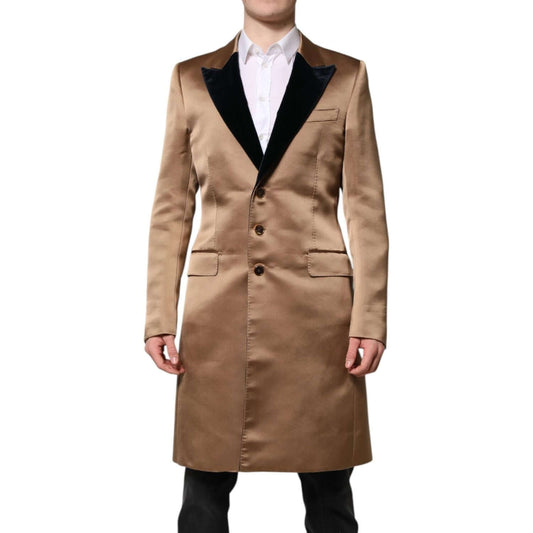 Dolce & Gabbana Brown Silk Single Breasted Trench Coat Jacket KOS2317-48