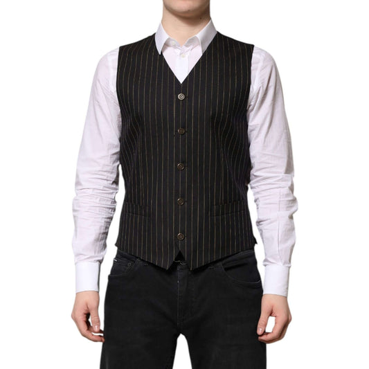Dolce & Gabbana Black Stripes Wool Formal Men Waistcoat Vest TSH90461-48