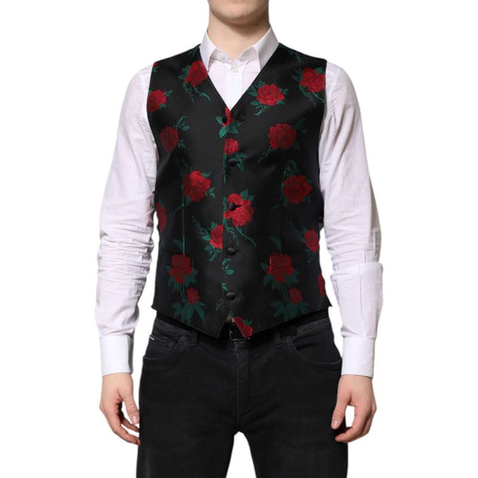 Dolce & Gabbana Red Floral Brocade Formal Men Waistcoat Vest TSH90471-48