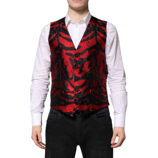Dolce & Gabbana Red Black Stripe Dress Formal Waistcoat Vest TSH90472-48
