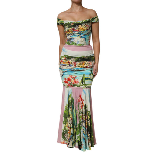 Dolce & Gabbana Multicolor Off Shoulder Long Sheath Dress