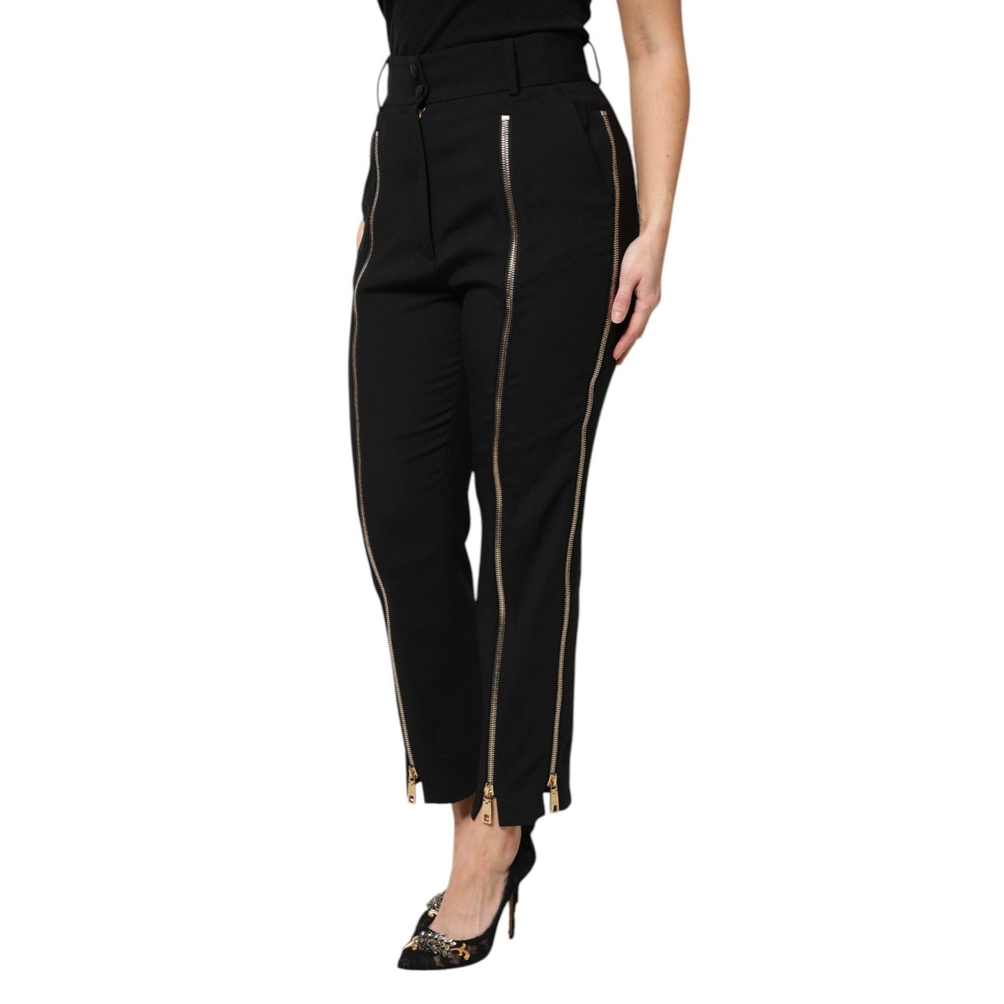 Dolce & Gabbana Black Wool High Waist Zipper Tapered Pants