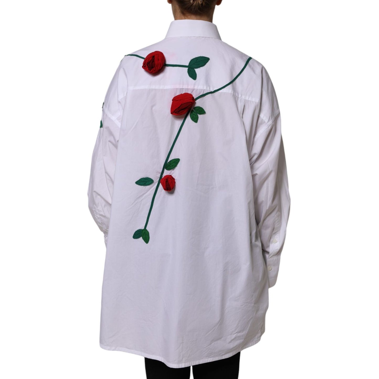 Dolce & Gabbana White Cotton Floral Appliques Dress Shirt Top