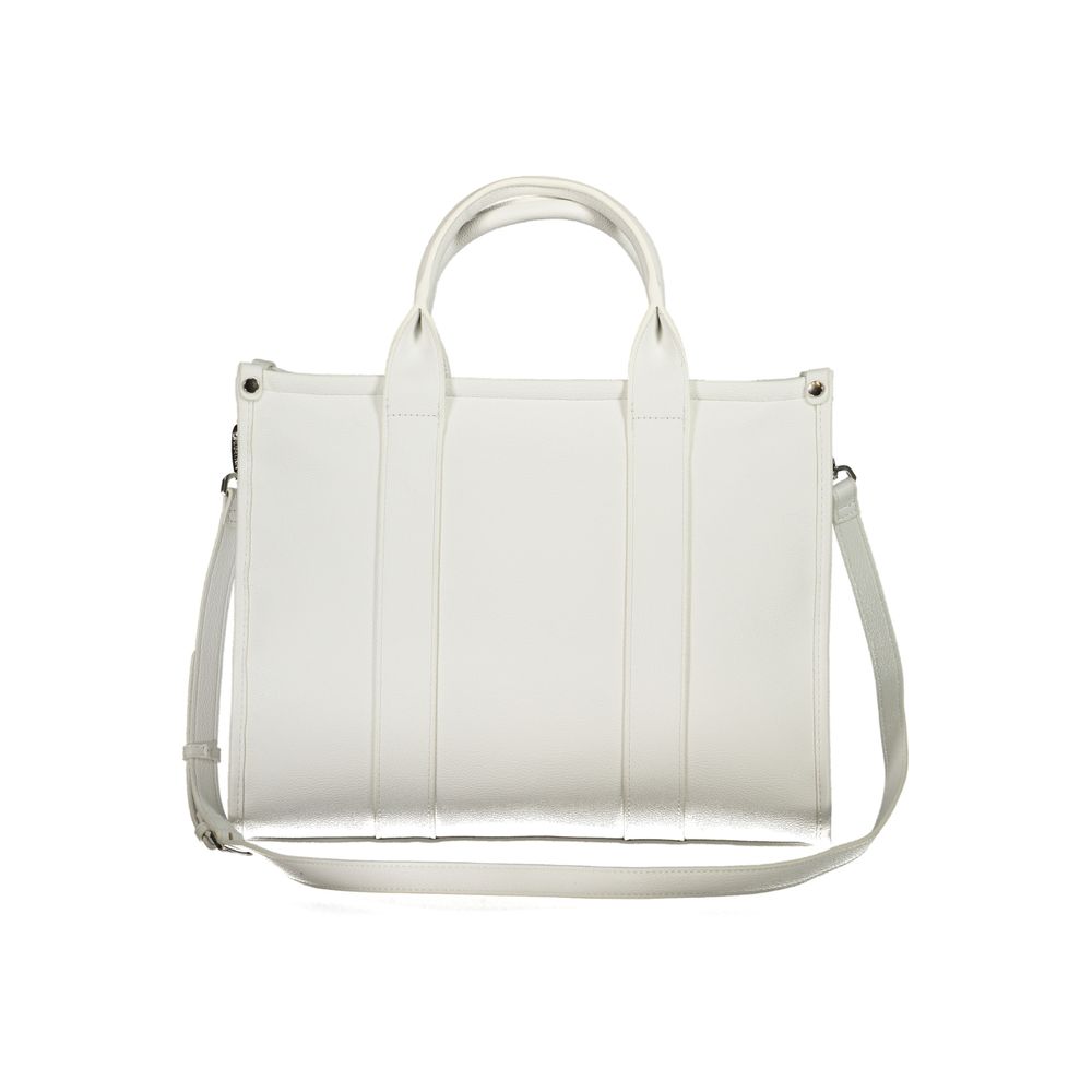 Mario Valentino White Polyethylene Handbag with handles, adjustable straps, internal pockets, zip closure, and logo design.