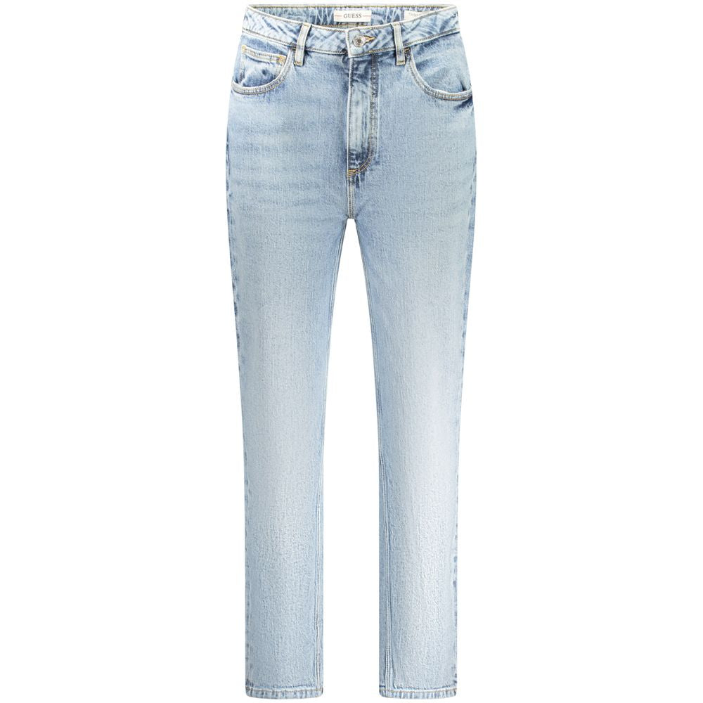 Guess Jeans Blue Cotton Women Jeans high-waisted Mom Jeans with stylish washed effect and Guess logo for vintage charm and modern flair.