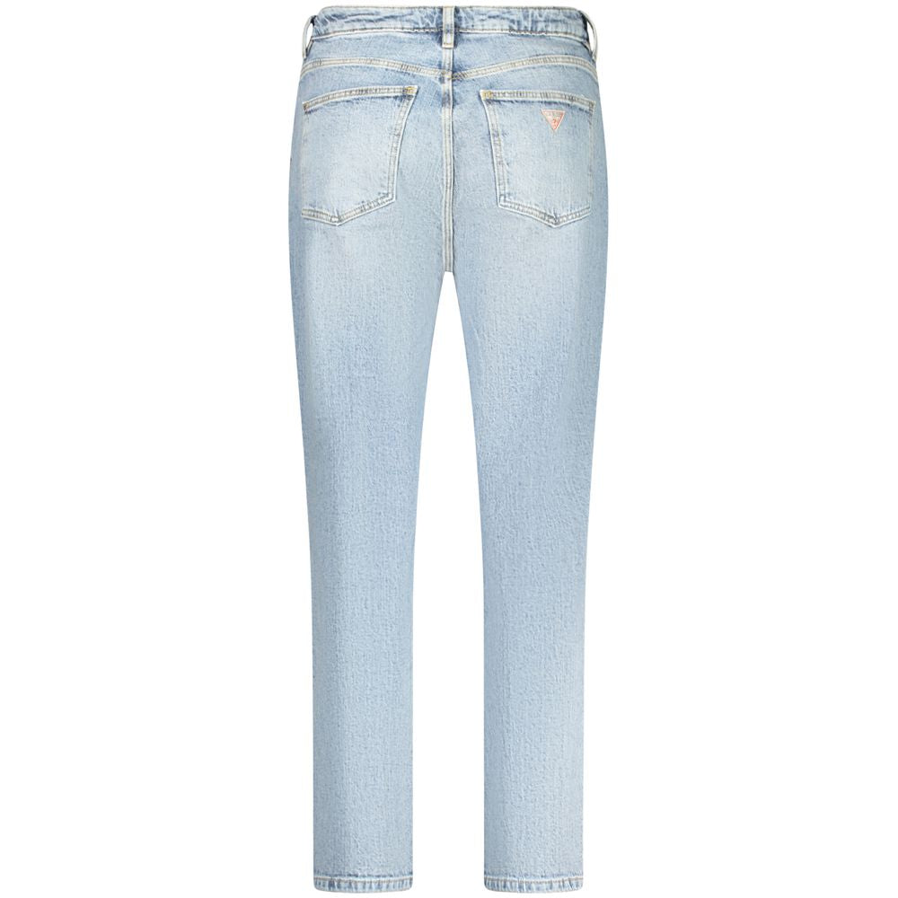 Guess Jeans Blue Cotton Women Jeans back view with high-waisted tapered silhouette and iconic Guess logo, showcasing modern vintage style.